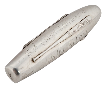 Babe Ruth Silver Cigar Case with Engraved Inscription to Teammate Wally Schang